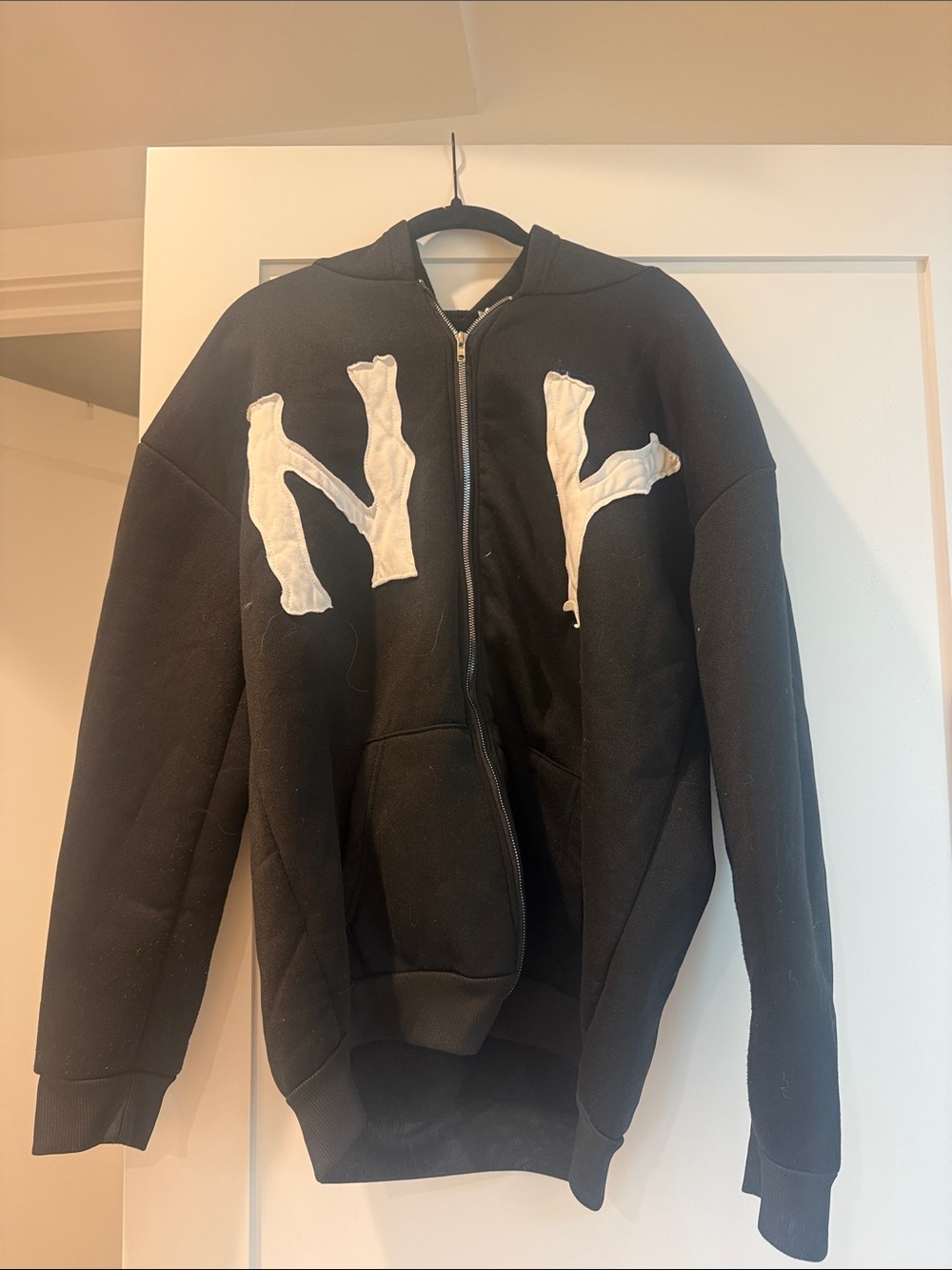 Black Zip-Up Hoodie with White Appliqué Letters